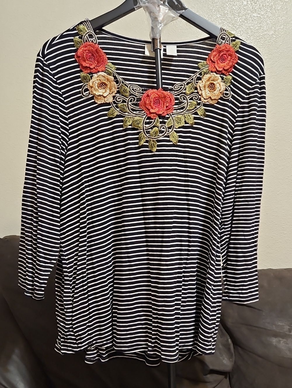Chico's Black & White Striped Long Sleeve Tee with Red & Cream Floral Applique